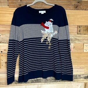 Christopher & Banks size large navy and white stripe with Christmas owl sweater